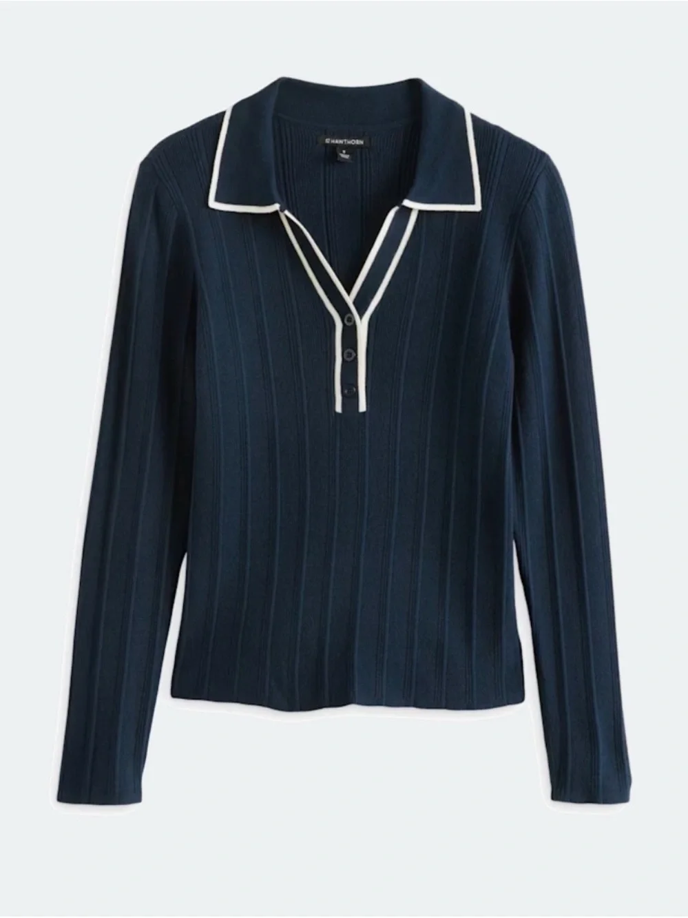 Valerie Always Soft Rib Johnny Navy Collar Sweater with Contrast Trim